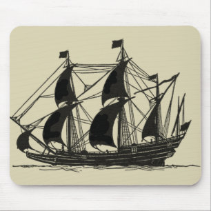 Silhouette of Ship with Billowing Sails Mouse Pad