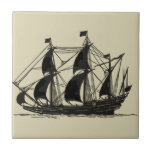 Silhouette of Ship with Billowing Sails Tile<br><div class="desc">Handsome silhouette of a sailing ship with billowing sails. You can even see a few figures standing on the deck,  monitoring the progress of the ship or just enjoying the cool sea breeze. Anyone who loves the sea should purchse this piece!</div>
