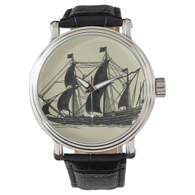 Silhouette of Ship with Billowing Sails Watch (Front)