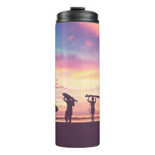 Silhouette Of surfer people carrying their surfboa Thermal Tumbler