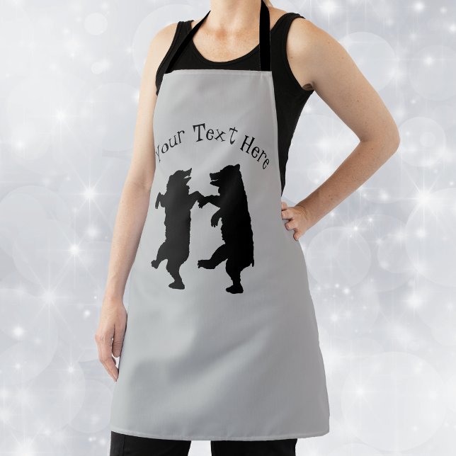 Silhouette of Two Black Bears Dancing Together Apron (Two black silhouette bears holding hands and dancing on light grey kitchen apron.)