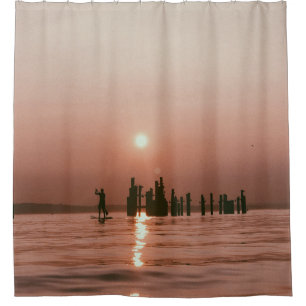 SILHOUETTE PHOTO OF PERSON HOLDING BOAT PADDLE SUR SHOWER CURTAIN