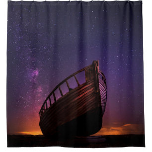 SILHOUETTE PHOTOGRAPHY OF SAILING BOAT ON BODY OF SHOWER CURTAIN