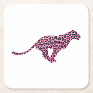 Silhouette Pink and Black Leopard Square Paper Coaster
