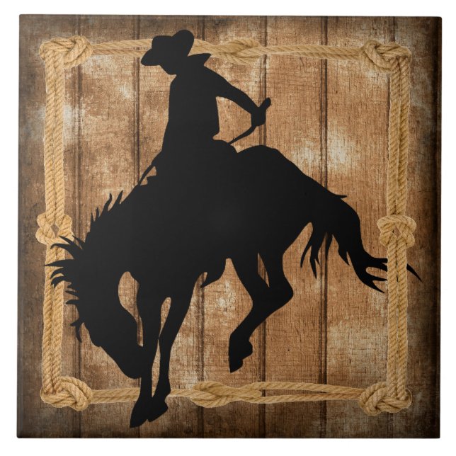 Silhouette Rodeo Cowboy on Bucking Bronco Horse Tile (Front)