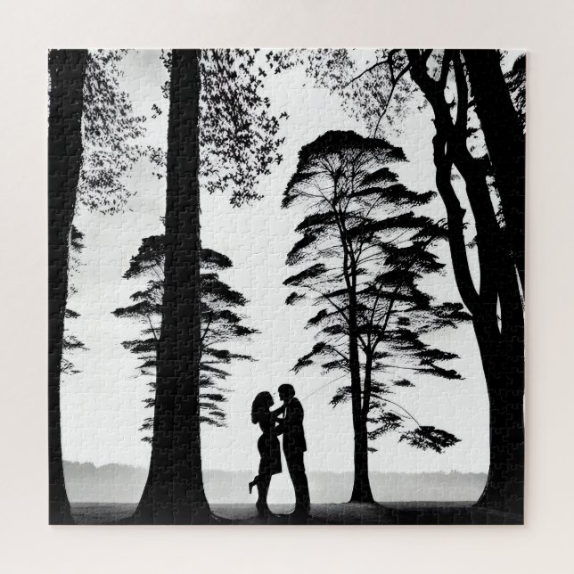 Silhouette Romantic Couple Embrace Under Trees Jigsaw Puzzle (Horizontal)