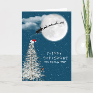 silhouette Santa and reindeer in moonlight Card