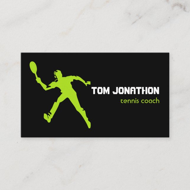 Silhouette Tennis Player Black yellow Tennis coach Business Card (Front)