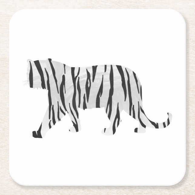 Silhouette Tiger Black and White Square Paper Coaster (Front)