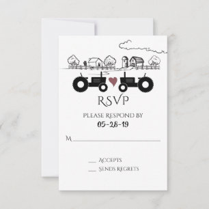 Silhouette Tractors and Farm Black - White Wedding RSVP Card