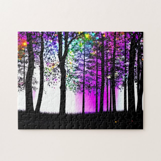 Silhouette Trees in Colourful Forest Background Jigsaw Puzzle (Horizontal)