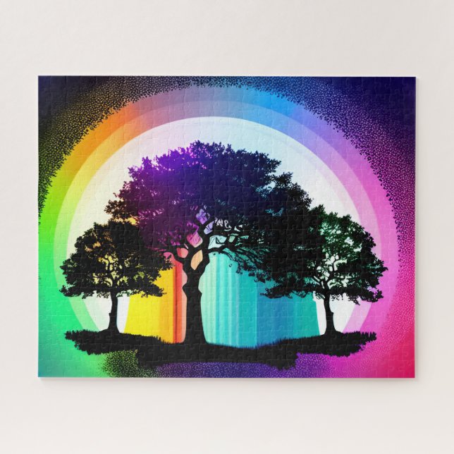 Silhouette Trees of Life Encircled by Rainbow Jigsaw Puzzle (Horizontal)