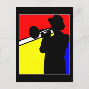 Silhouette trombone player, mondrian style art postcard