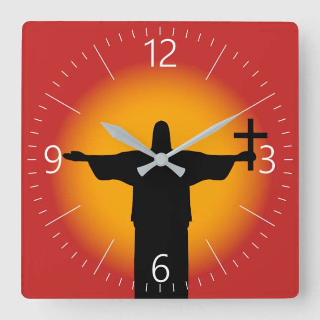 Silhouette with a cross square wall clock (Front)