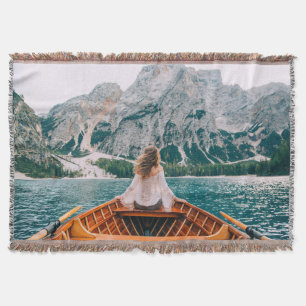 Silhouette Woman Alpine Lake Nature Throw Blanket