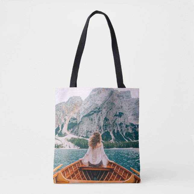 Silhouette Woman Alpine Lake Nature Tote Bag (Front)