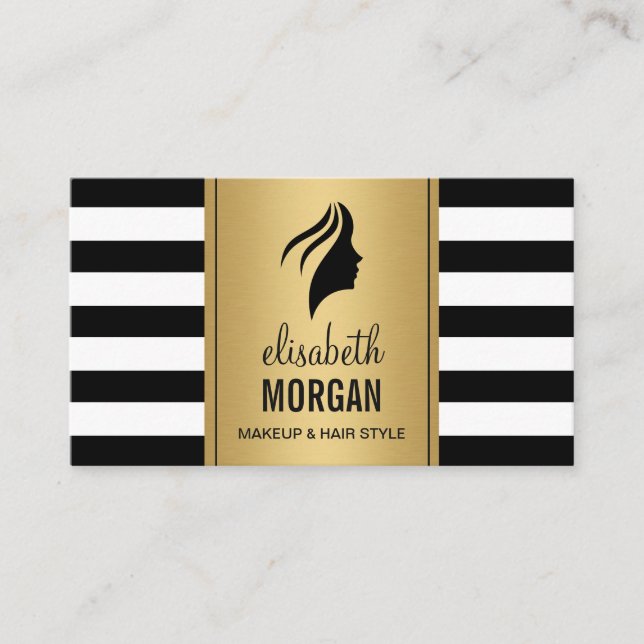 Silhouette Woman Face Gold Black White Stripes Business Card (Front)