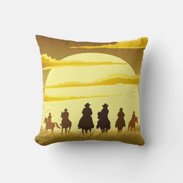 Silhouetted cowboys, sunset galloping team. cushion (Front)