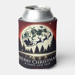 Silhouetted Santa and Reindeer Flying Can Cooler