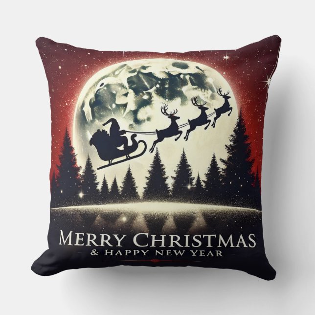 Silhouetted Santa and Reindeer Flying Cushion (Front)