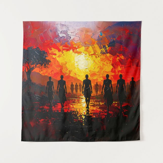 Silhouettes at Sunset: Fiery Horizon Walkers Tapestry (Front)