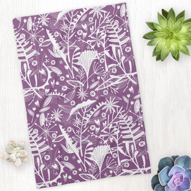Silhouettes Botanical Floral Purple Tea Towel (Purple botanical floral art kitchen tea towel)