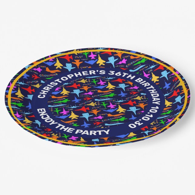 Silhouettes Of Military Aircrafts Pattern On Dark Paper Plate (Angled)