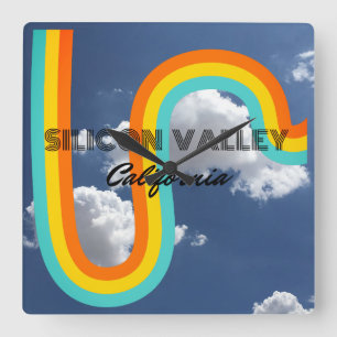 Silicon Valley California Retro Rainbow and Clouds Square Wall Clock