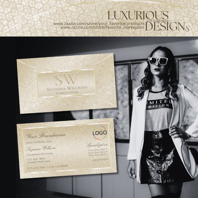 Silk Cream Snake Pattern with Monogram and Logo Business Card (Creator Uploaded)