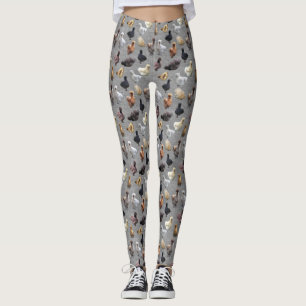Silkie Bantam Chickens on Grey Burlap Leggings