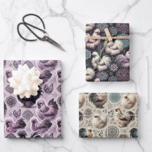 Silkie Chicken 3-Sheet Flat Wrapping Paper Set