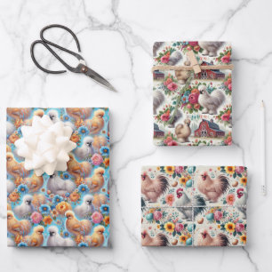 Silkie Chicken 3-Sheet Flat Wrapping Paper Set