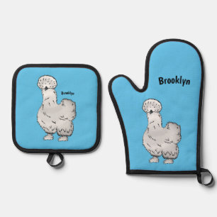 Silkie chicken cartoon illustration oven mitt & pot holder set