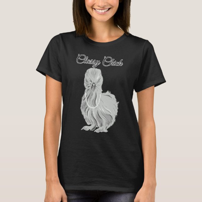 Silkie Chicken Classy Chick Wearing Pearl Necklace T-Shirt (Front)