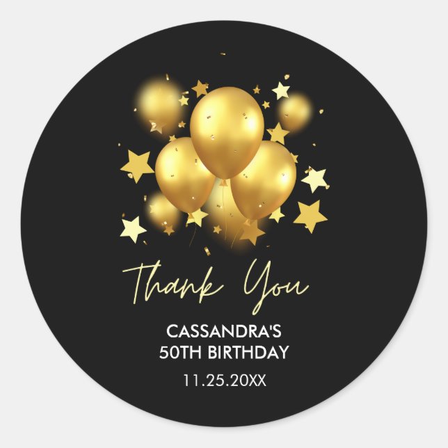 Silky Golden Balloons Stars Black Birthday  Classic Round Sticker (Front)