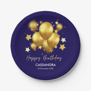 Silky Golden Balloons Stars Navy Birthday Paper Plate