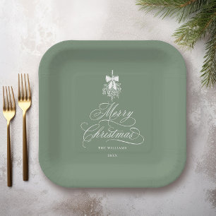 Silky Sage Romantic Calligraphy Merry Christmas  Paper Plate