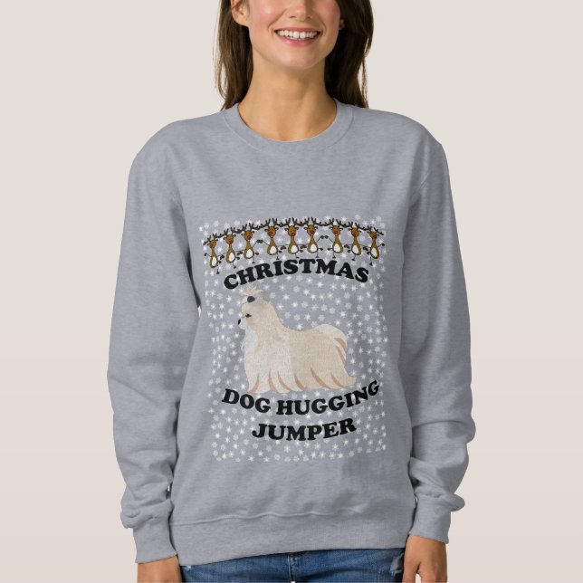 Silky Terrier dog Christmas Dog Hugging Sweatshirt (Front)