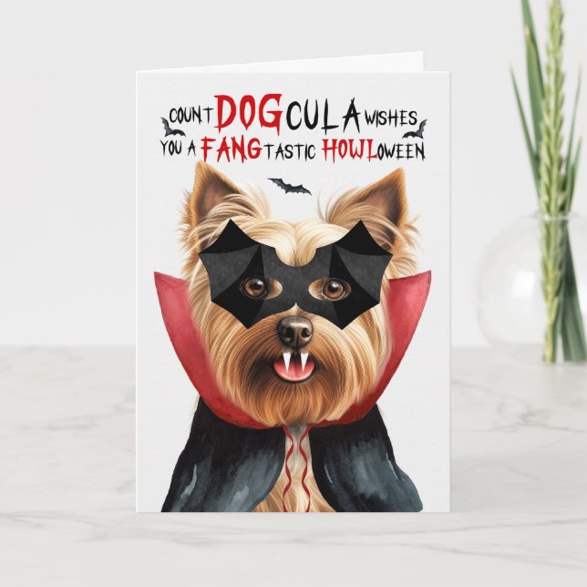 Silky Terrier Dog Funny Count DOGcula Halloween Holiday Card (Front)
