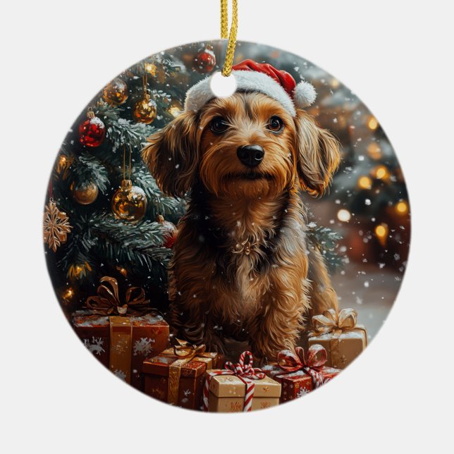 Silky Wire Haired Dachshund Christmas Ceramic Tree Decoration (Front)