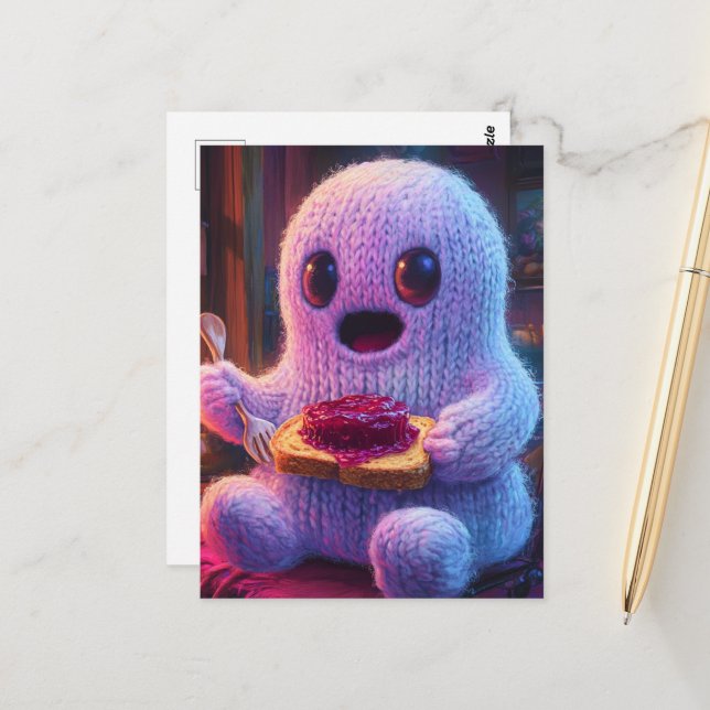 Silly Adorable Ghost eating Toast Jam with Fork Postcard (Front/Back In Situ)