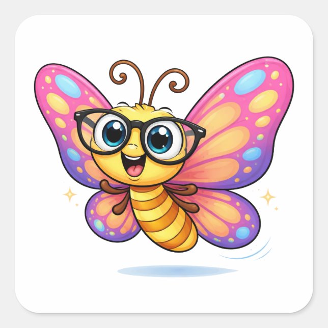 Silly Butterfly Cartoon With Glasses Square Sticker (Front)