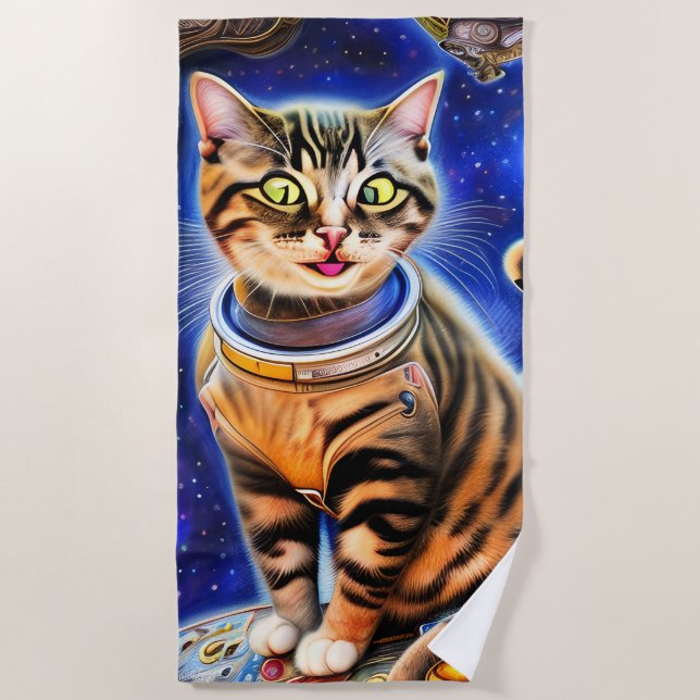 Silly Cat in Space World Meme Artwork Beach Towel (Front)