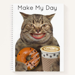 Silly Cat With Donut and Coffee Personalized  Notebook