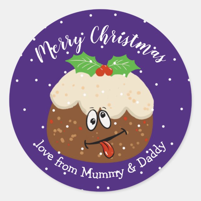 silly Christmas pudding fruit cake merry  Classic Round Sticker (Front)