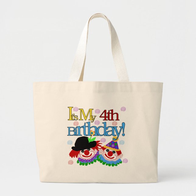 Silly Clowns 4th Birthday Tshirts and Gifts Large Tote Bag (Front)