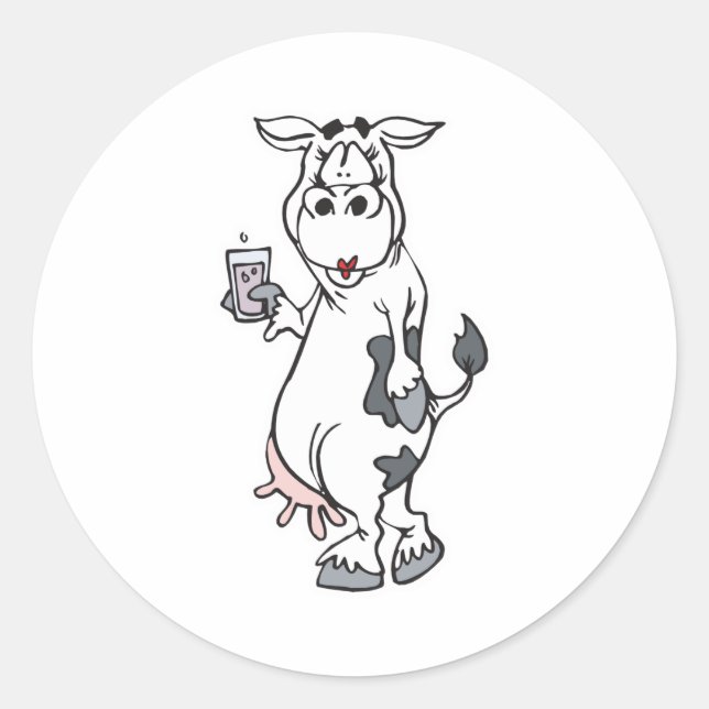 silly cow drinking milk classic round sticker (Front)