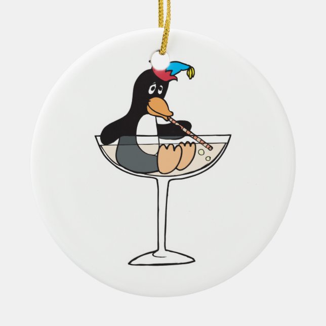 silly drunk penguin ceramic tree decoration (Front)