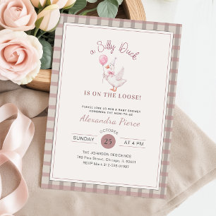 Silly Duck Pink Bow Elegant Gingham Baby Shower Invitation