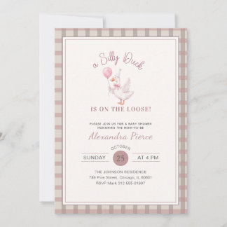 Silly Duck Pink Bow Elegant Gingham Baby Shower Invitation
